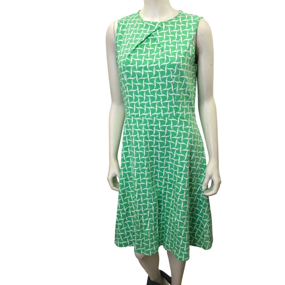 New York & Co Green & White Sleeveless A-Line Dress Geometric Pattern L